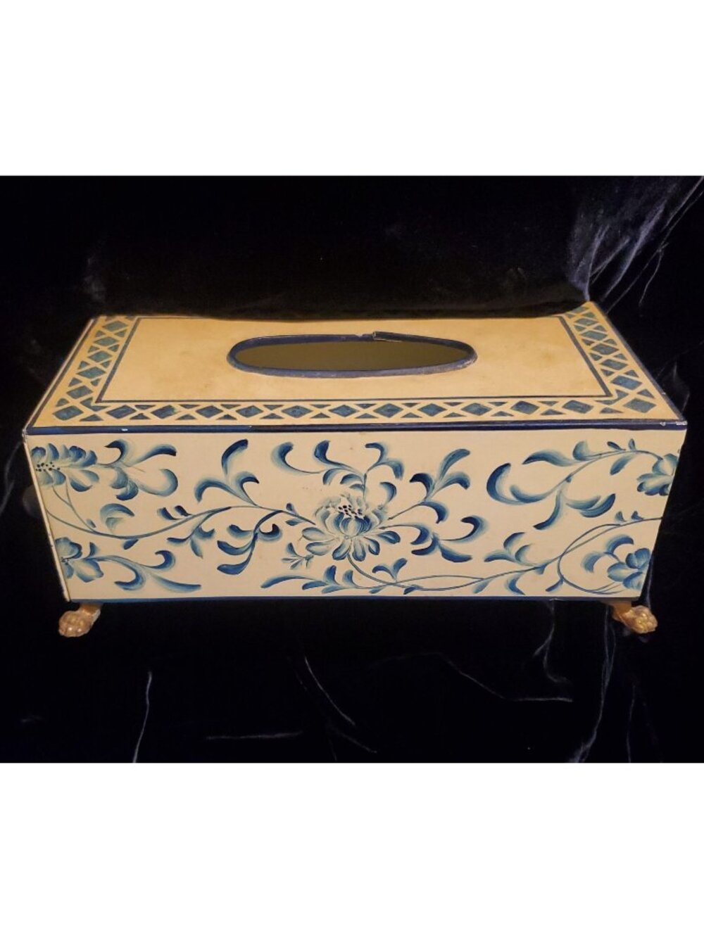 Vtg Tissue Box Hand Painted Toleware Tin Cover Brass Feet Buttery & Floral